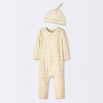 Baby Jacquard Checkered Romper & Hat - Cloud Island™ Tan