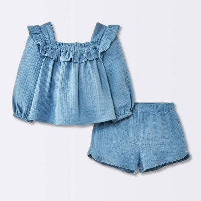 Baby Girls' 2pc Gauze Long Sleeve Top And Bloomer Set - Cloud Island™ Blue