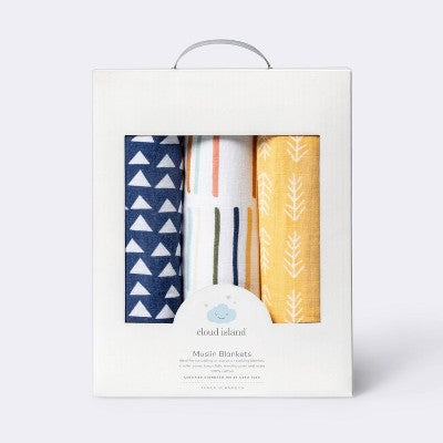 Muslin Swaddle Blankets Primary - Cloud Island™ Navy/Yellow 3pk