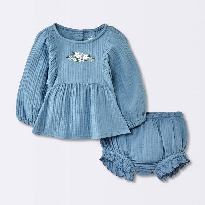Baby Girls' 2pc Embroidered Floral Gauze Top & Bottom Set - Cloud Island™ Blue