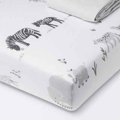 Fitted Jersey Crib Sheet 2pk - Cloud Island™ Two By Two Animals And Solid Gray