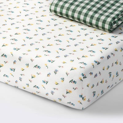 Fitted Jersey Crib Sheet -Floral Gingham Green - 2pk - Cloud Island™