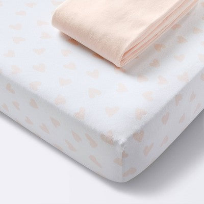 Jersey Fitted Crib Sheet - Pink Hearts And Solid Pink - 2pk - Cloud Island™