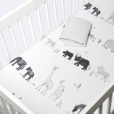  Fitted Jersey Crib Sheet 2pk - Cloud Island™ Two By Two Animals And Solid Gray