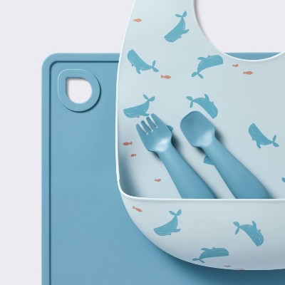 Silicone Bib And Utensil Feeding Set - 4pc - Blue - Cloud Island™