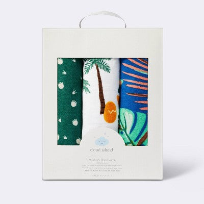  Muslin Swaddle Blanket Dino-snore - Cream/Blue/Green - 3pk - Cloud Island™