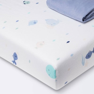  Fitted Jersey Crib Sheet 2pk - Cloud Island™ Fish Friends And Solid Blue
