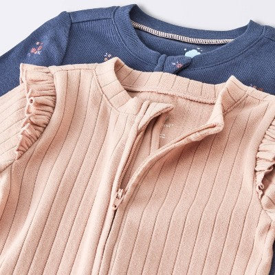  Baby Girls' 2pk Cozy Wide Ribbed Floral Sleep N' Play - Cloud Island™ Pink/Blue