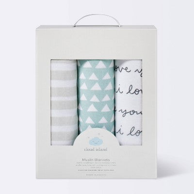  Muslin Swaddle Blanket I Love You 3pk - Cloud Island™ Black/White