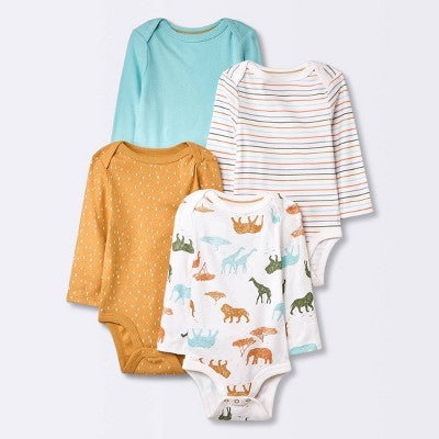  Baby 4pk Safari Animals Long Sleeve Bodysuit - Cloud Island™