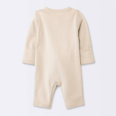  Baby 3pk Cotton Romper - Cloud Island™ Khaki Preemie: Long Sleeve, Front Hook And Loop Fastener, Solid & Stripe Patterns