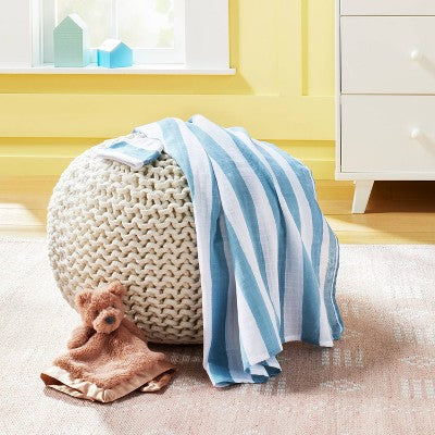  Hospital Muslin Swaddle Baby Blanket And Hat Gift Set - Blue And White Stripes - 2pk - Cloud Island™
