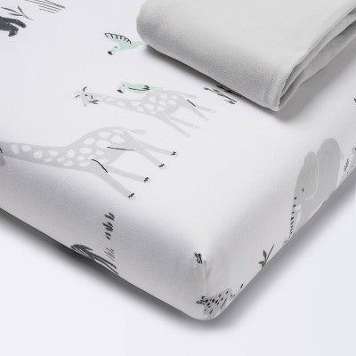 Fitted Play Yard Jersey Sheet 2pk - Cloud Island™ Two By Two Animals And Solid Gray