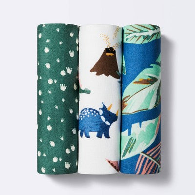  Muslin Swaddle Blanket Dino-snore - Cream/Blue/Green - 3pk - Cloud Island™