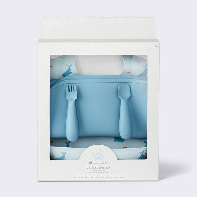  Silicone Bib And Utensil Feeding Set - 4pc - Blue - Cloud Island™