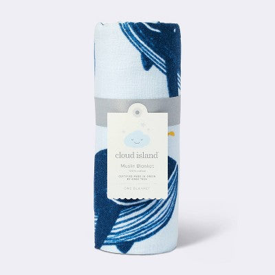  Muslin Swaddle Blanket Whales - White/Blue - Cloud Island™