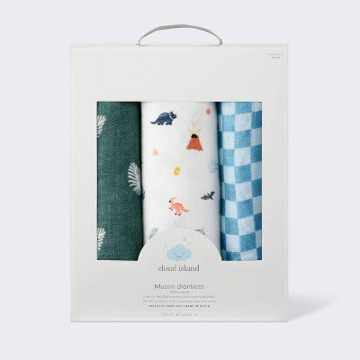  Muslin Swaddle Baby Blanket - Dino Check - 3pk - Cloud Island™