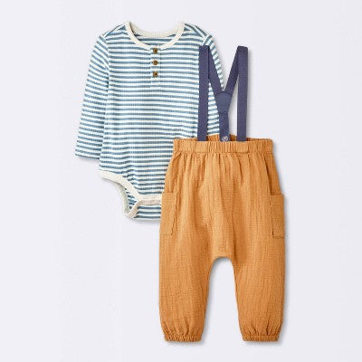  Baby Boys' 2pc Striped Suspender Top & Bottom Set - Cloud Island™ Blue
