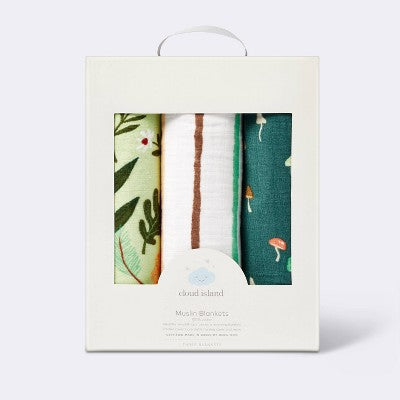  Muslin Swaddle Blanket Fauna - Pink/Green/Tan - 3pk - Cloud Island™
