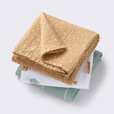  Muslin Swaddle Baby Blanket - Safari Dashes - 3pk - Cloud Island™
