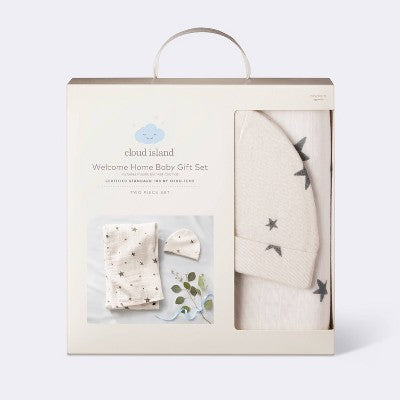  Hospital Muslin Swaddle Baby Blanket And Hat Gift Set - Cream And Gray Stars - 2pk - Cloud Island™