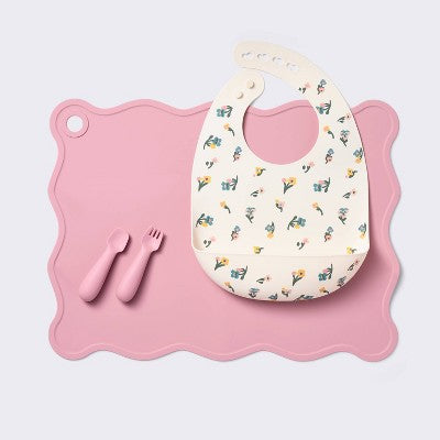  Silicone Bib And Utensil Feeding Set - 4pc - Pink - Cloud Island™