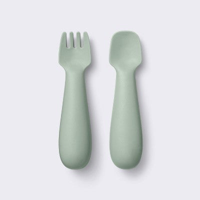  Silicone Spoon & Fork - 2pc - Green - Cloud Island™