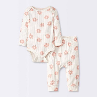  Baby 2pc Floral Wide Ribbed Top & Bottom Set - Cloud Island™ Cream