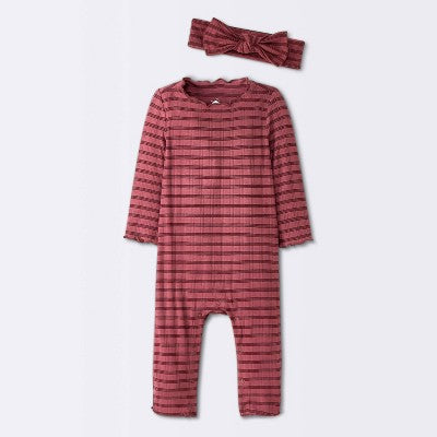  Baby Girls' Jacquard Checkered Romper & Headband - Cloud Island™ Burgundy