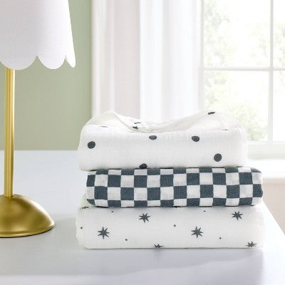  Muslin Swaddle Baby Blanket - Dots & Checks - 3pk - Cloud Island™