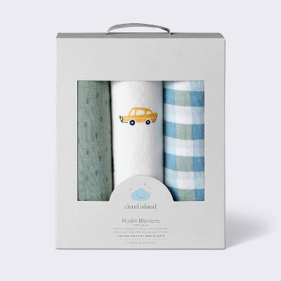  Muslin Swaddle Baby Blanket - Transportation - 3pk - Cloud Island™