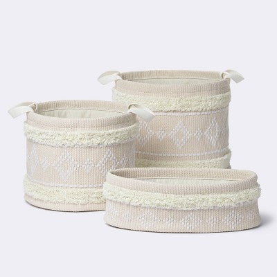 Tufted Fabric Large Round Storage Basket - Khaki And Cream - Cloud Island™