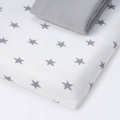  Fitted Play Yard Jersey Sheet Scatter Star And Solid Gray - Cloud Island™ 2pk