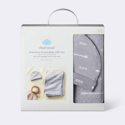  Hospital Muslin Swaddle Baby Blanket And Hat Gift Set - Gray Arrow - 2pk - Cloud Island™