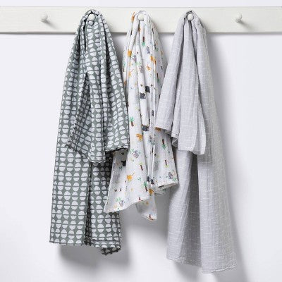  Muslin Swaddle Blankets Jungle - Cloud Island™ Gray 3pk
