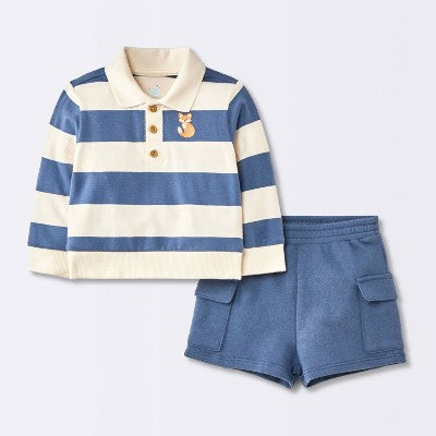  Baby Boys' 2pc Fox Striped Polo Shorts Set - Cloud Island™ Navy Blue