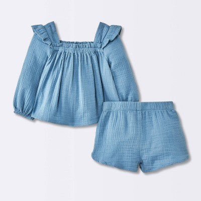  Baby Girls' 2pc Gauze Long Sleeve Top And Bloomer Set - Cloud Island™ Blue