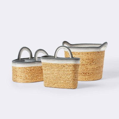  Braided Water Hyacinth Tapered Floor Basket With Coiled Rope Handles - Gray - Cloud Island™
