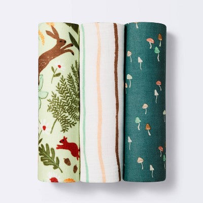  Muslin Swaddle Blanket Fauna - Pink/Green/Tan - 3pk - Cloud Island™