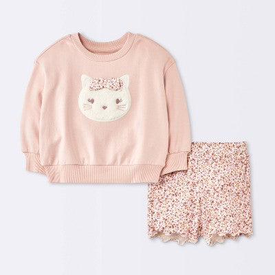  Baby Girls' 2pc Cat Applique Sweatshirt & Bike Shorts Set - Cloud Island™ Pink