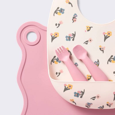  Silicone Bib And Utensil Feeding Set - 4pc - Pink - Cloud Island™