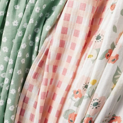  Muslin Swaddle Baby Blanket - Floral Gingham - 3pk - Cloud Island™