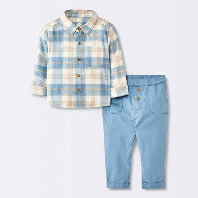  Baby Boys' Flannel Button-Down Top & Pants Set - Cloud Island™ Blue
