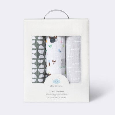  Muslin Swaddle Blankets Jungle - Cloud Island™ Gray 3pk