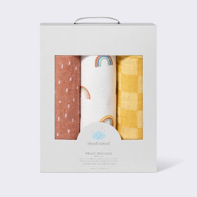 Muslin Swaddle Baby Blanket - Rainbows - 3pk - Cloud Island™