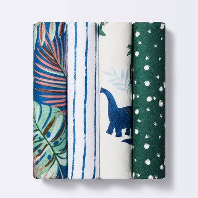  Flannel Baby Blanket Dino-snore - Cream/Blue/Green - 4pk - Cloud Island™