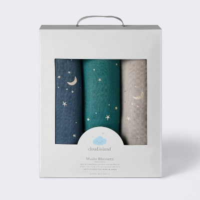  Muslin Swaddle Baby Blanket - Cool Metallic - 3pk - Cloud Island™