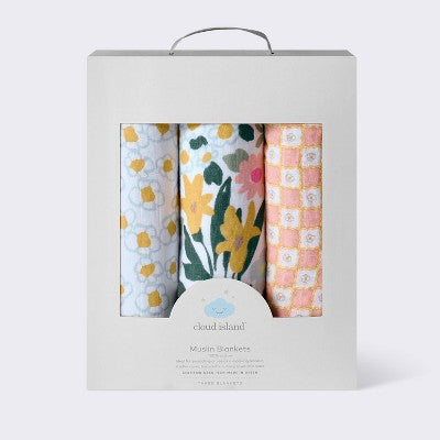  Muslin Swaddle Baby Blanket - Painterly Floral - 3pk - Cloud Island™