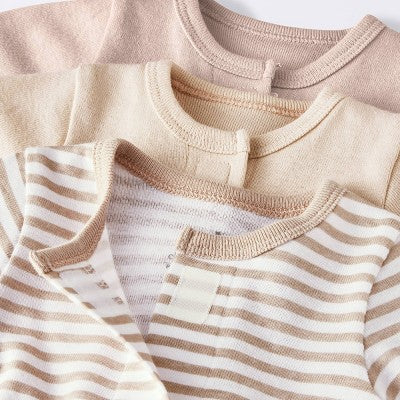  Baby 3pk Cotton Romper - Cloud Island™ Khaki Preemie: Long Sleeve, Front Hook And Loop Fastener, Solid & Stripe Patterns