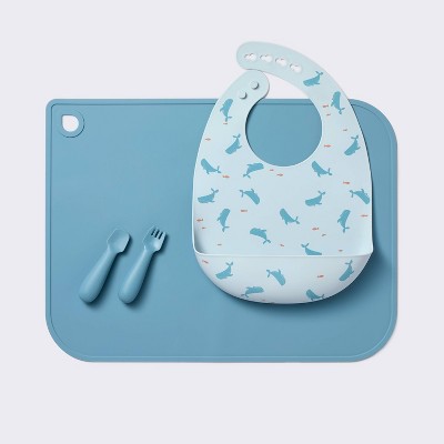  Silicone Bib And Utensil Feeding Set - 4pc - Blue - Cloud Island™